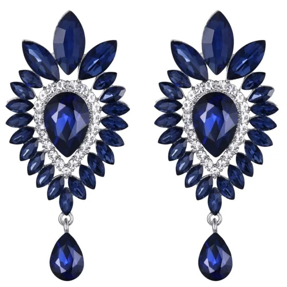 Silver with Sapphire Blue Austrian Crystal Teardrop Halo ChandelierโEarrings
